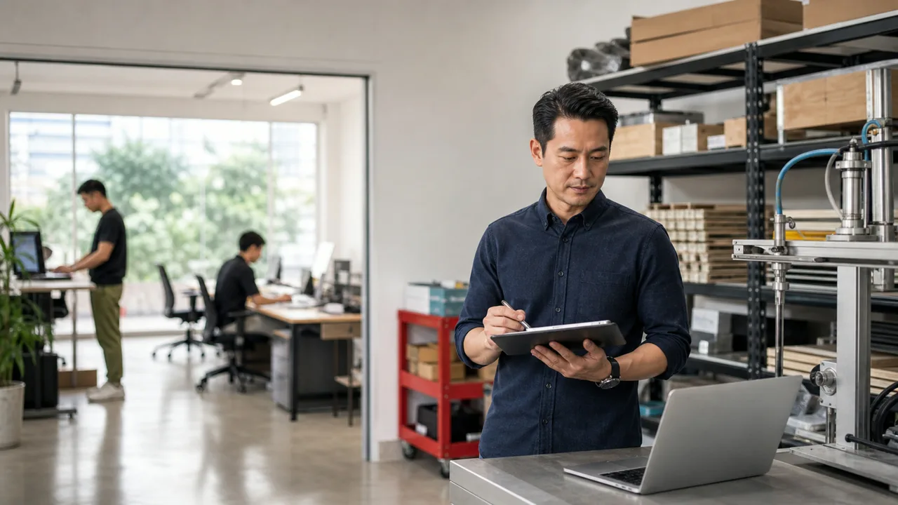 Singapore SME owner reviewing operations beside a production workspace